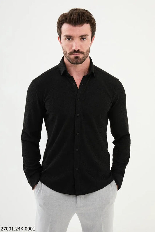 Brabion Nico Black Slim Fit Woven Pattern Casual Shirt - BRABION