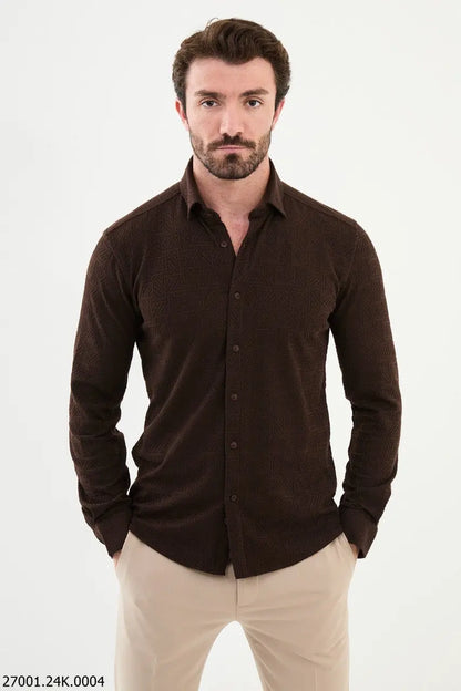 Brabion Nico Brown Slim Fit Woven Pattern Casual Shirt - BRABION