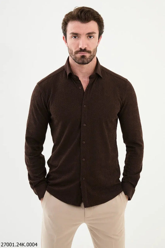 Brabion Nico Brown Slim Fit Woven Pattern Casual Shirt - BRABION