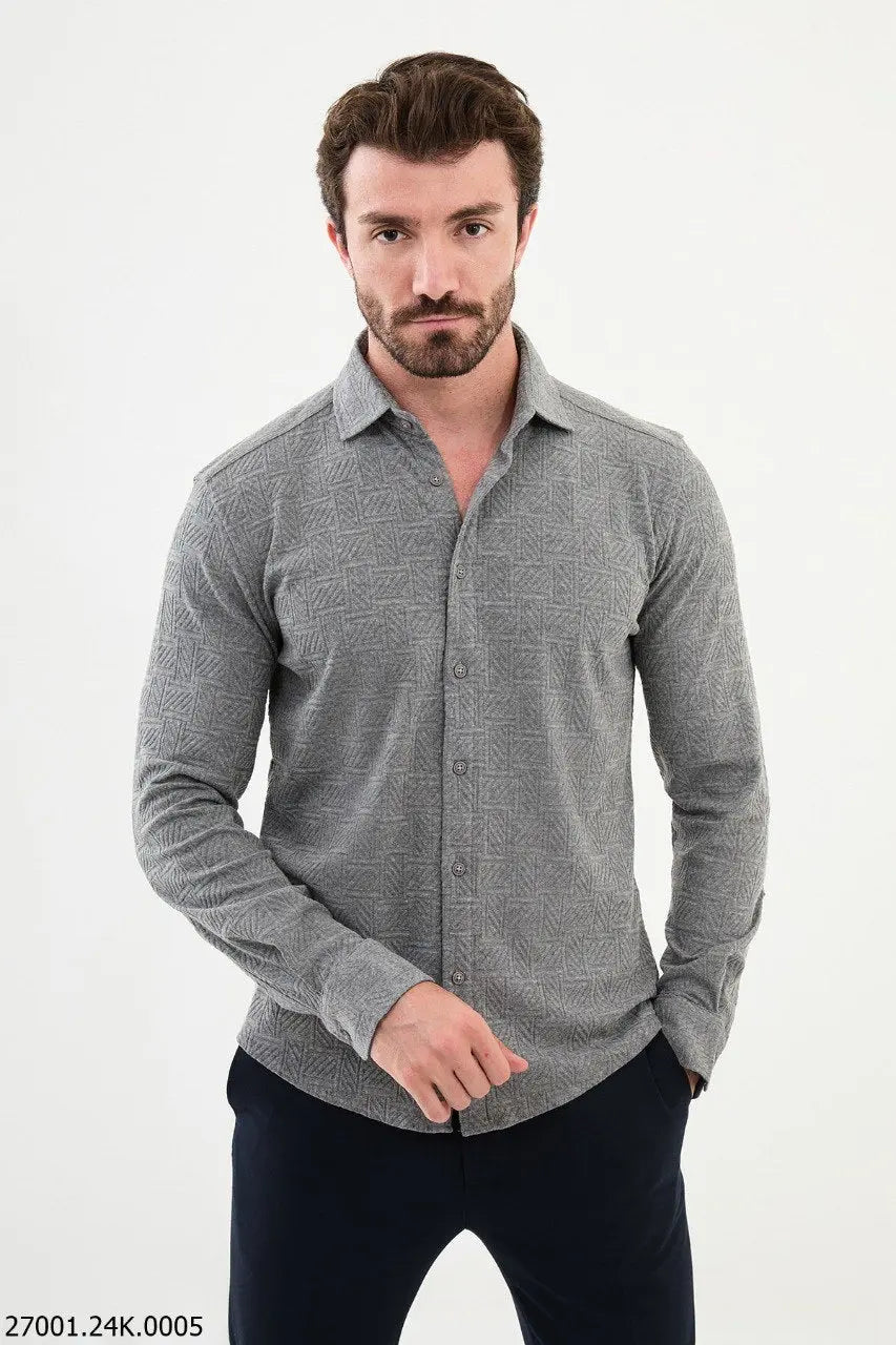 Brabion Nico Gray Slim Fit Woven Pattern Casual Shirt - BRABION