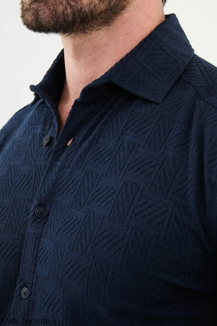 Brabion Nico Navy Blue Slim Fit Woven Pattern Casual Shirt - BRABION