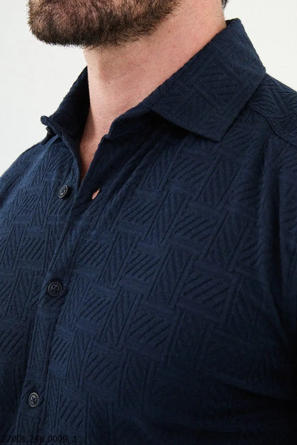 Brabion Nico Navy Blue Slim Fit Woven Pattern Casual Shirt - BRABION