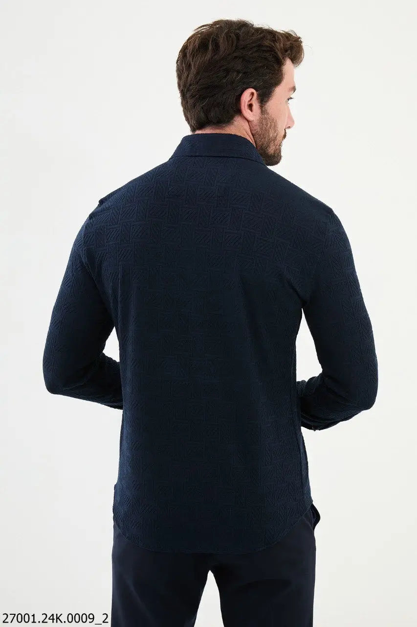 Brabion Nico Navy Blue Slim Fit Woven Pattern Casual Shirt - BRABION