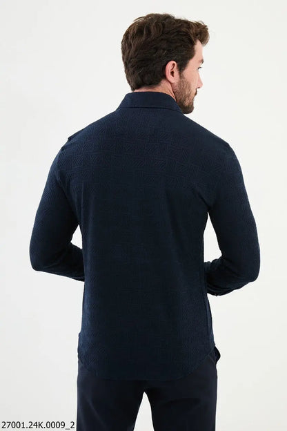 Brabion Nico Navy Blue Slim Fit Woven Pattern Casual Shirt - BRABION