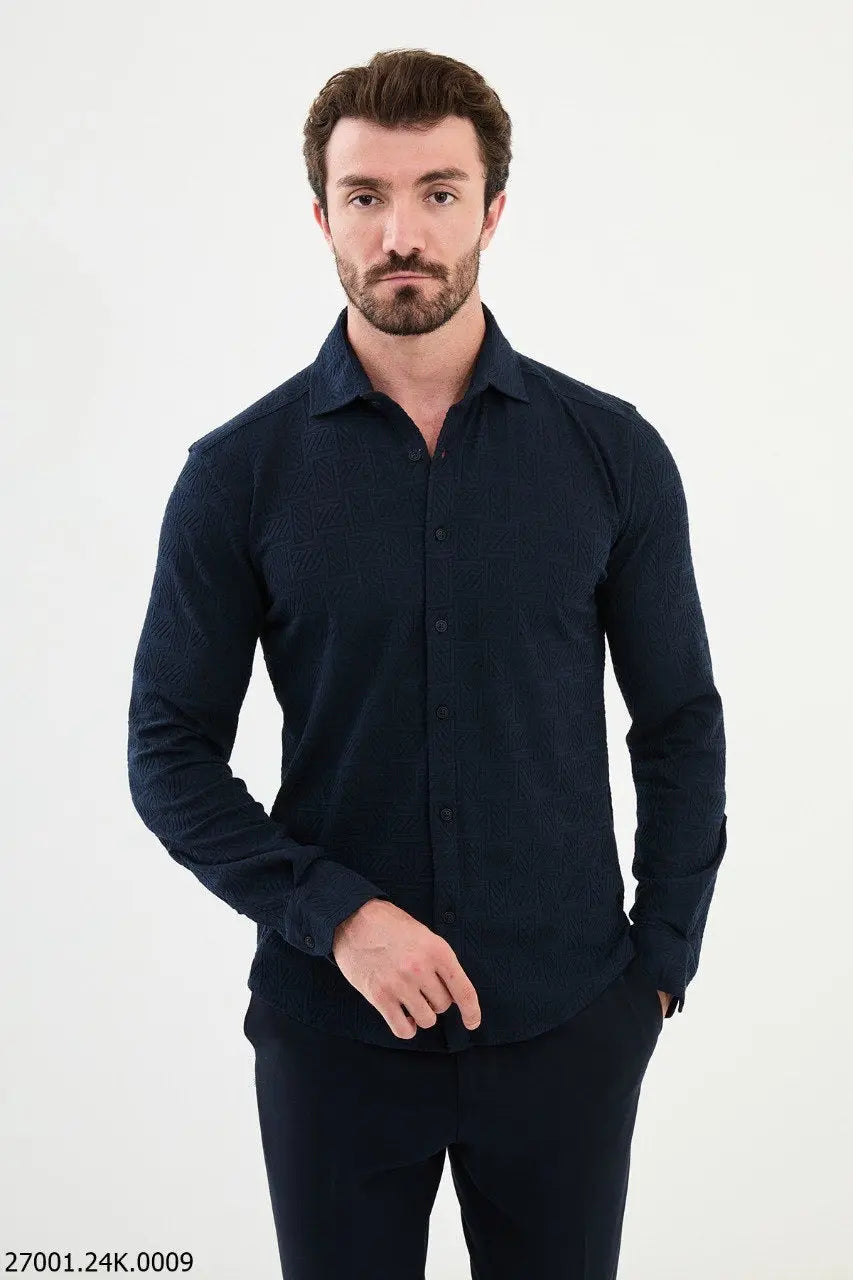 Brabion Nico Navy Blue Slim Fit Woven Pattern Casual Shirt - BRABION