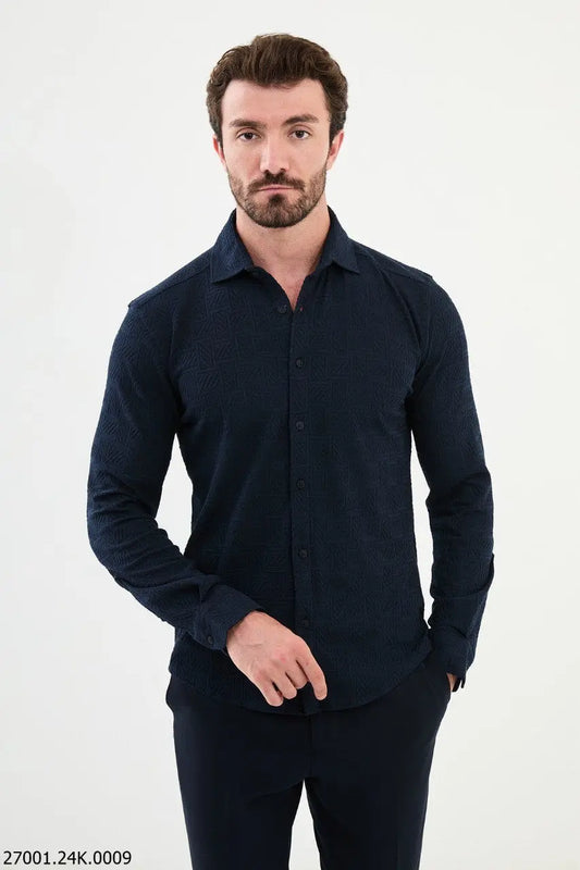 Brabion Nico Navy Blue Slim Fit Woven Pattern Casual Shirt - BRABION