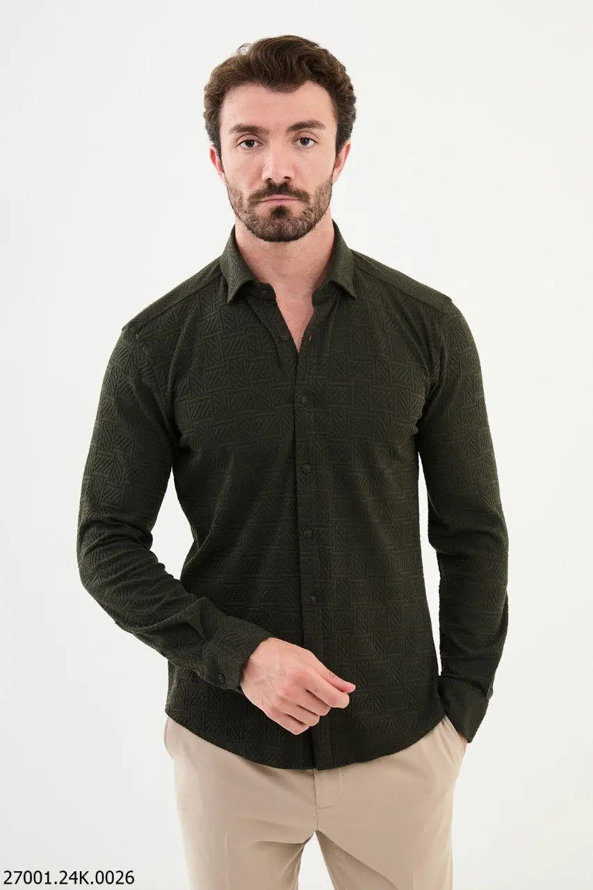 Brabion Nico Khaki Slim Fit Woven Pattern Casual Shirt - BRABION