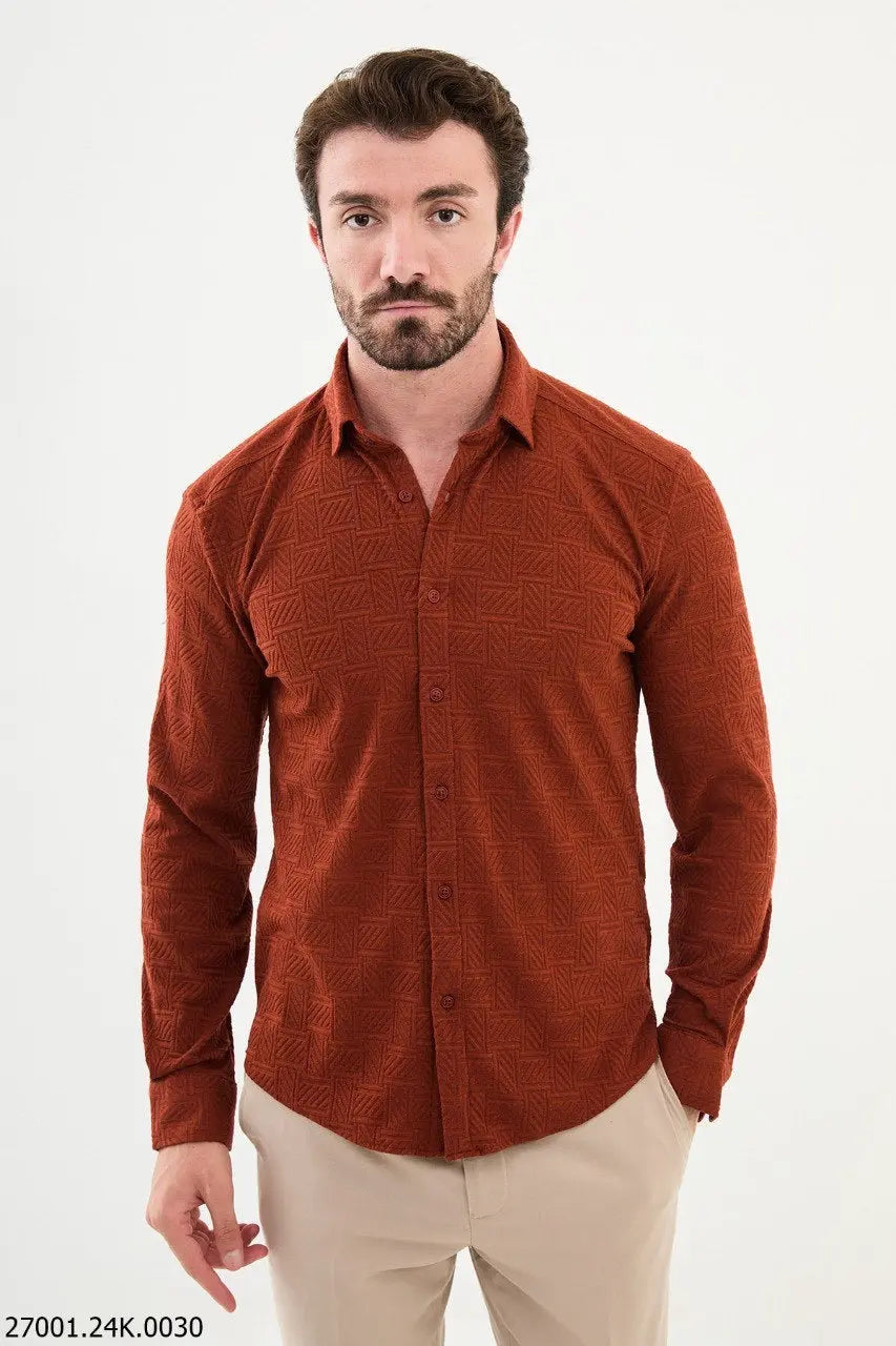 Brabion Nico Rust Slim Fit Woven Pattern Casual Shirt - BRABION