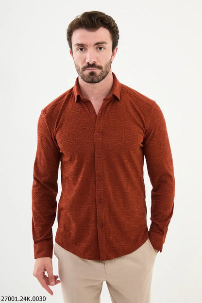 Brabion Nico Rust Slim Fit Woven Pattern Casual Shirt - BRABION