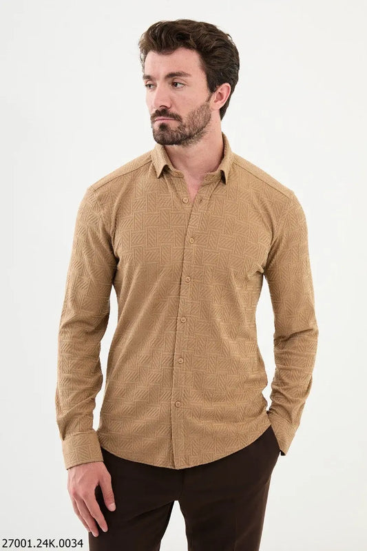 Brabion Nico Beige Slim Fit Woven Pattern Casual Shirt - BRABION