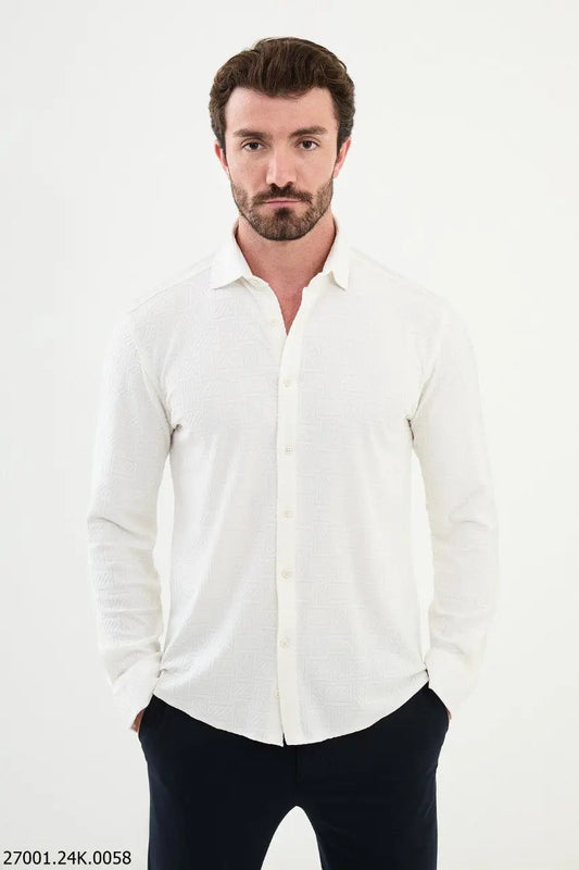 Brabion Nico White Slim Fit Woven Pattern Casual Shirt - BRABION