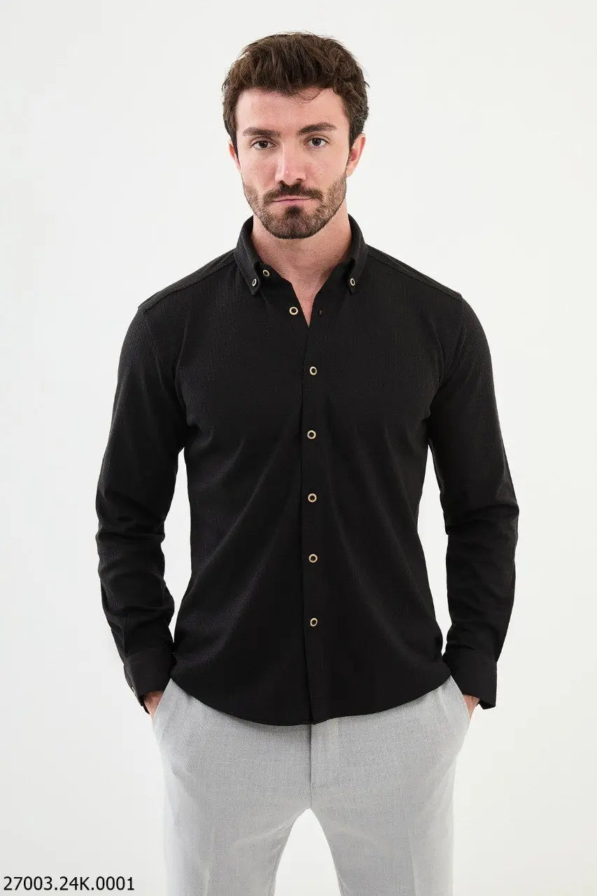 Brabion Nico Black Slim Fit Cross Pattern Casual Shirt - BRABION