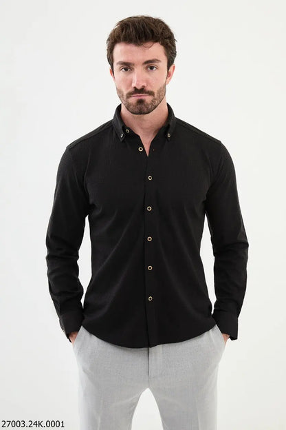 Brabion Nico Black Slim Fit Cross Pattern Casual Shirt - BRABION