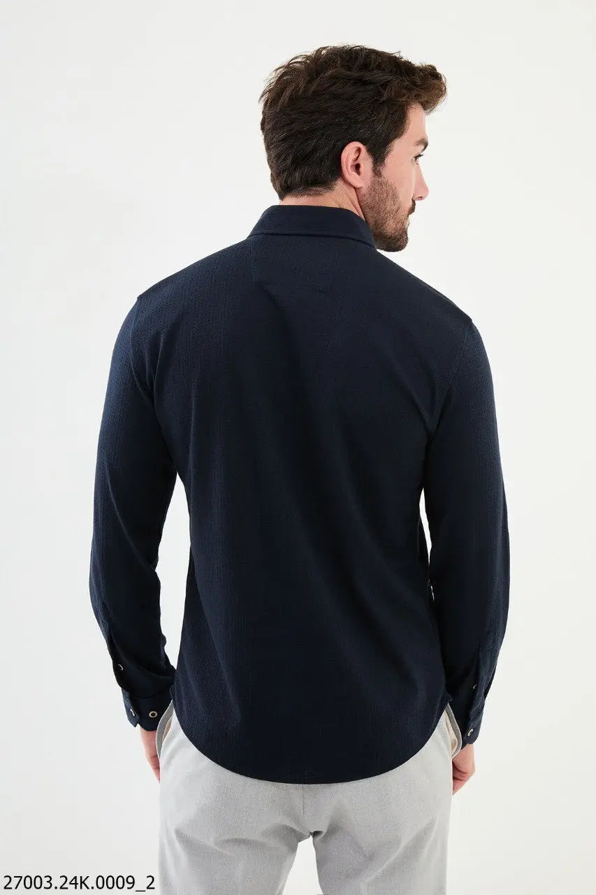 Brabion Nico Navy Blue Slim Fit Cross Pattern Casual Shirt - BRABION
