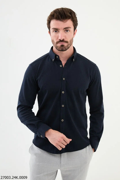 Brabion Nico Navy Blue Slim Fit Cross Pattern Casual Shirt - BRABION