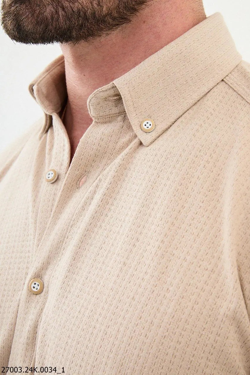Brabion Nico Beige Slim Fit Cross Pattern Casual Shirt - BRABION