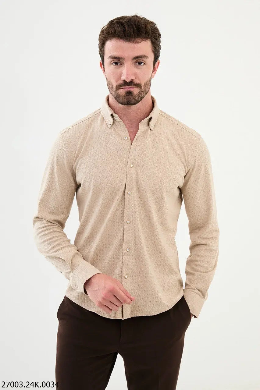 Brabion Nico Beige Slim Fit Cross Pattern Casual Shirt - BRABION