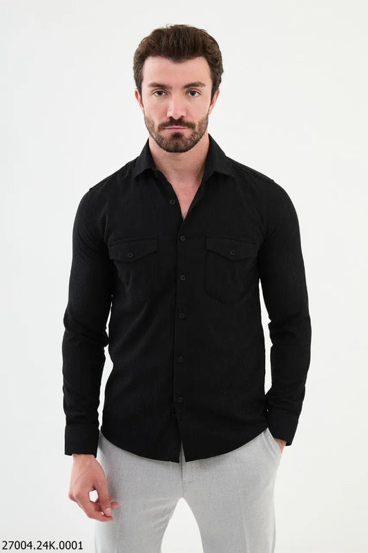 Brabion Nico Black Slim Fit Double Pocket Striped Shirt - BRABION