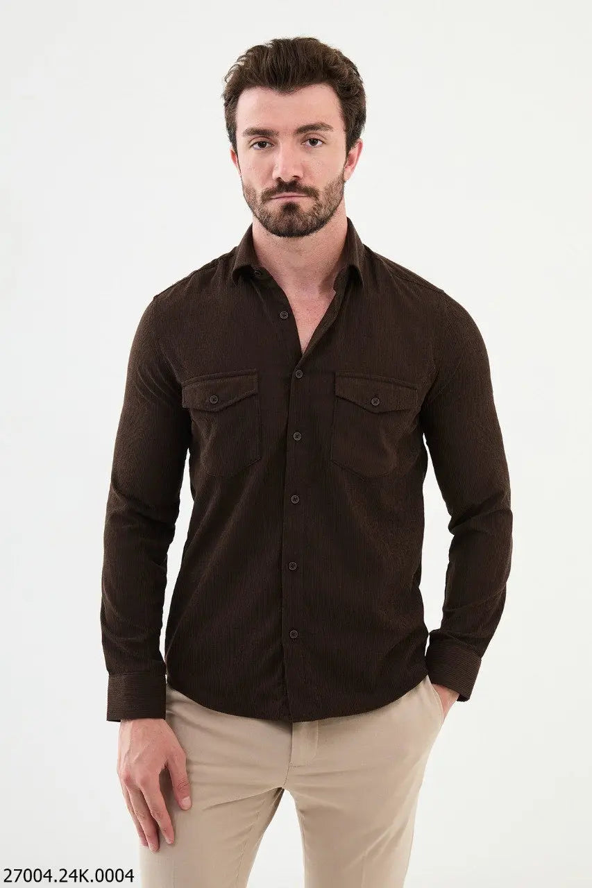 Brabion Nico Brown Slim Fit Double Pocket Striped Shirt - BRABION