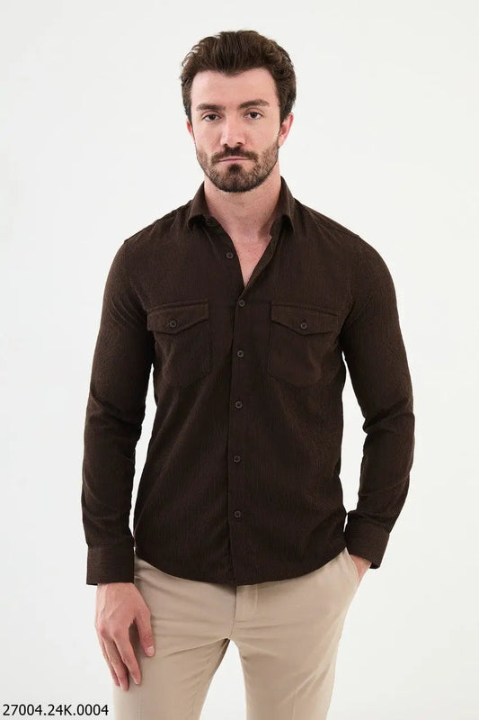 Brabion Nico Brown Slim Fit Double Pocket Striped Shirt - BRABION