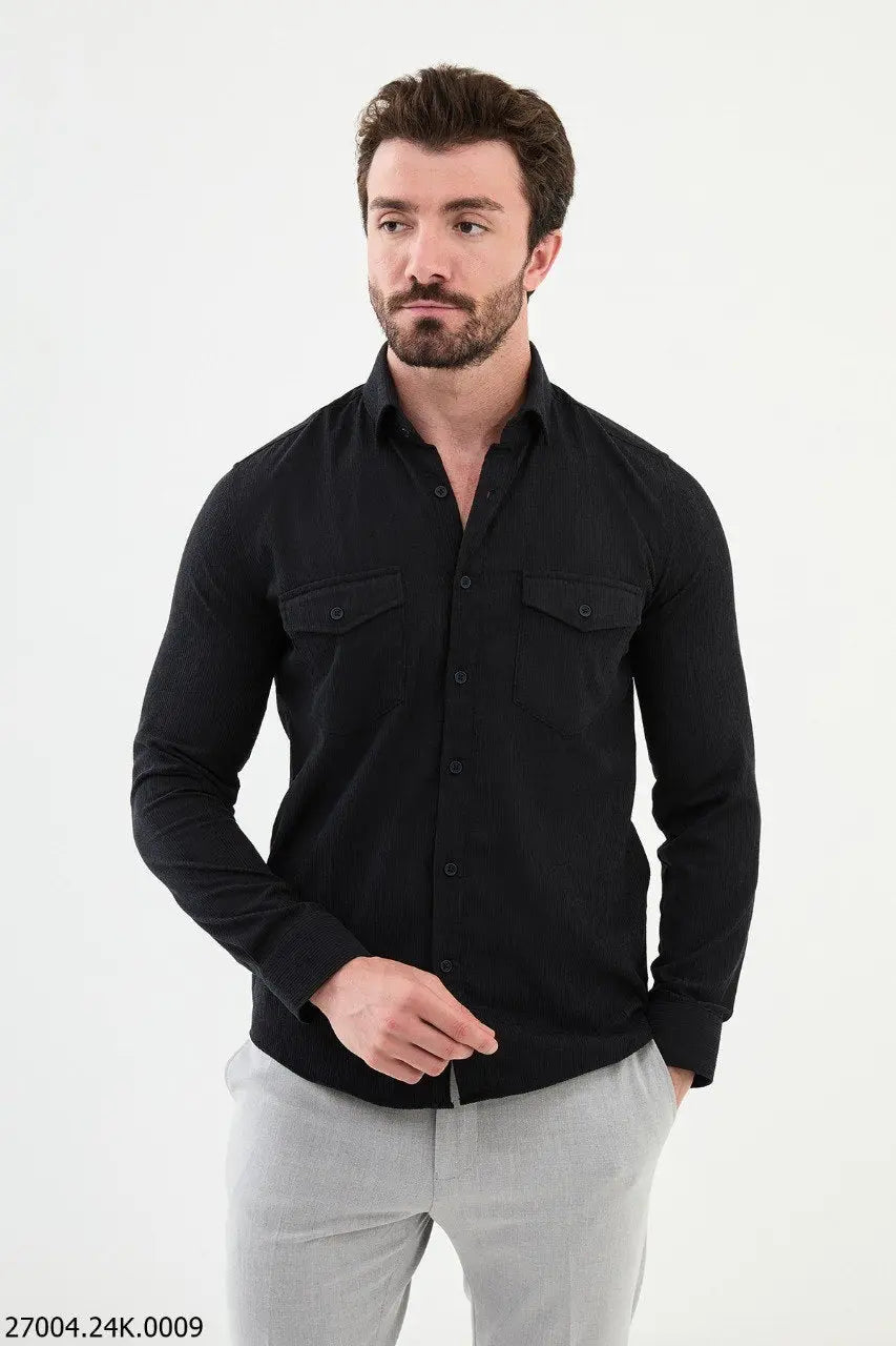 Brabion Nico Navy Blue Slim Fit Double Pocket Striped Shirt - BRABION