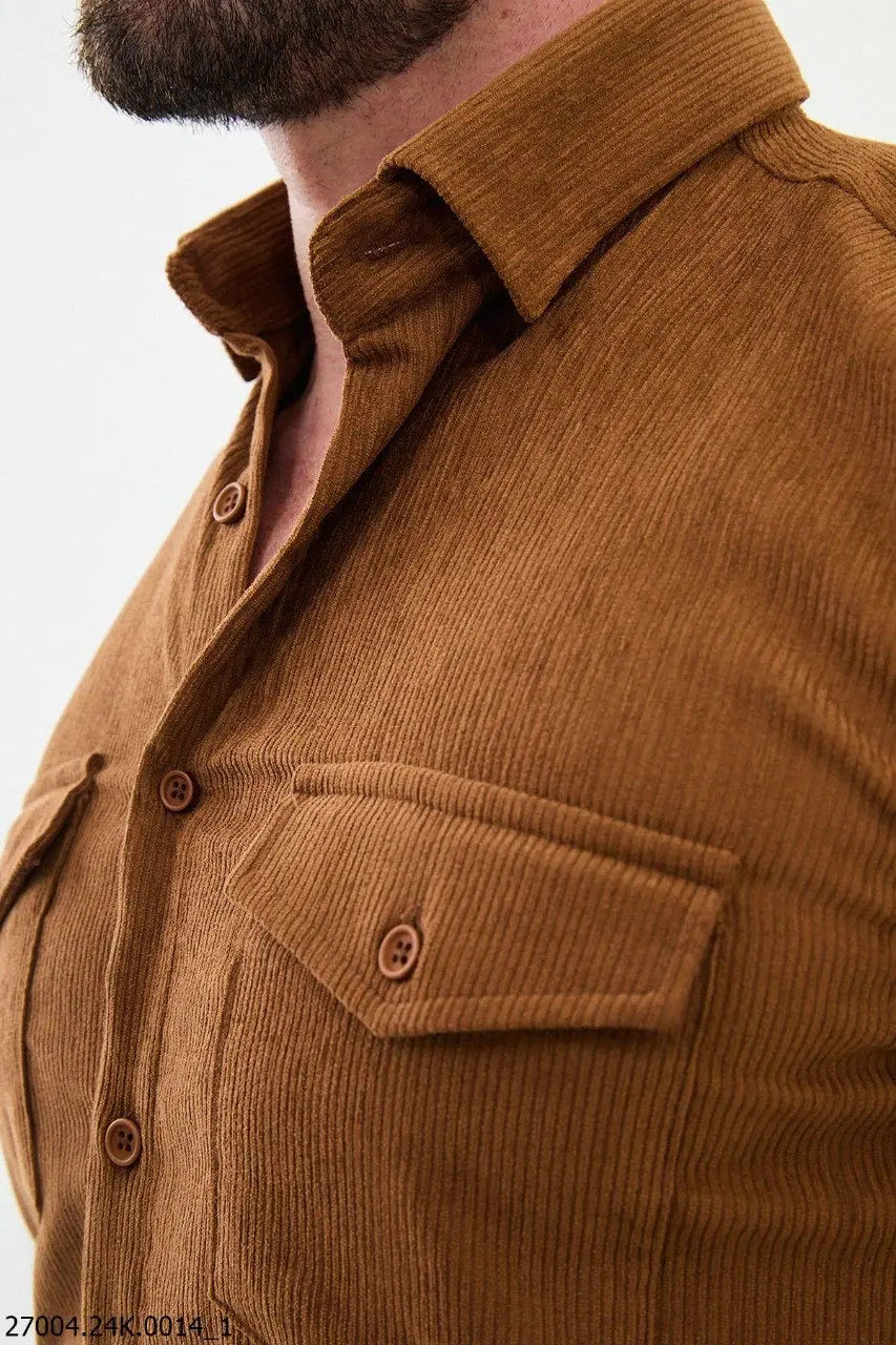 Brabion Nico Camel Slim Fit Double Pocket Striped Shirt - BRABION