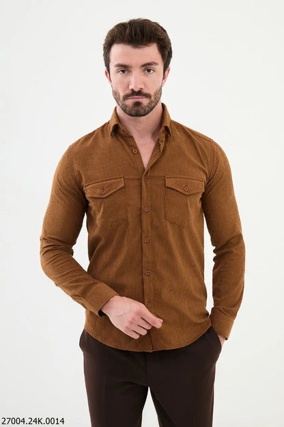 Brabion Nico Camel Slim Fit Double Pocket Striped Shirt - BRABION