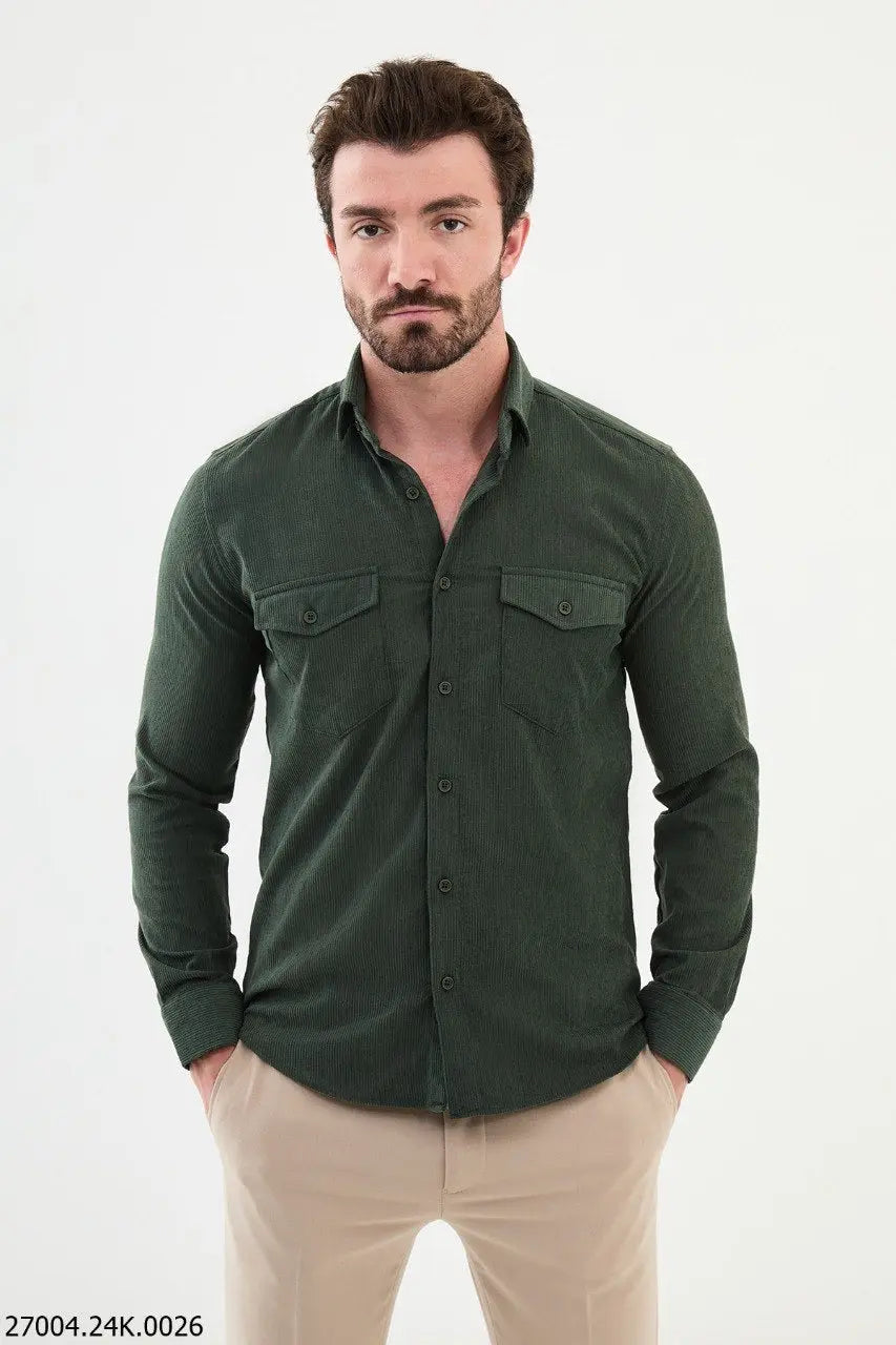 Brabion Nico Green Slim Fit Double Pocket Striped Shirt - BRABION