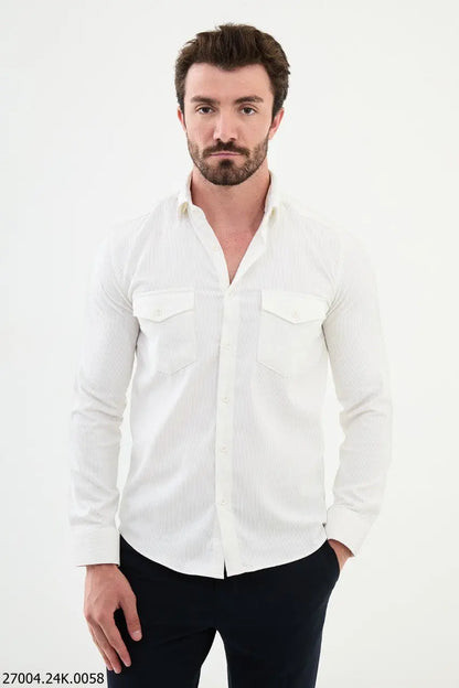 Brabion Nico White Slim Fit Double Pocket Striped Shirt - BRABION