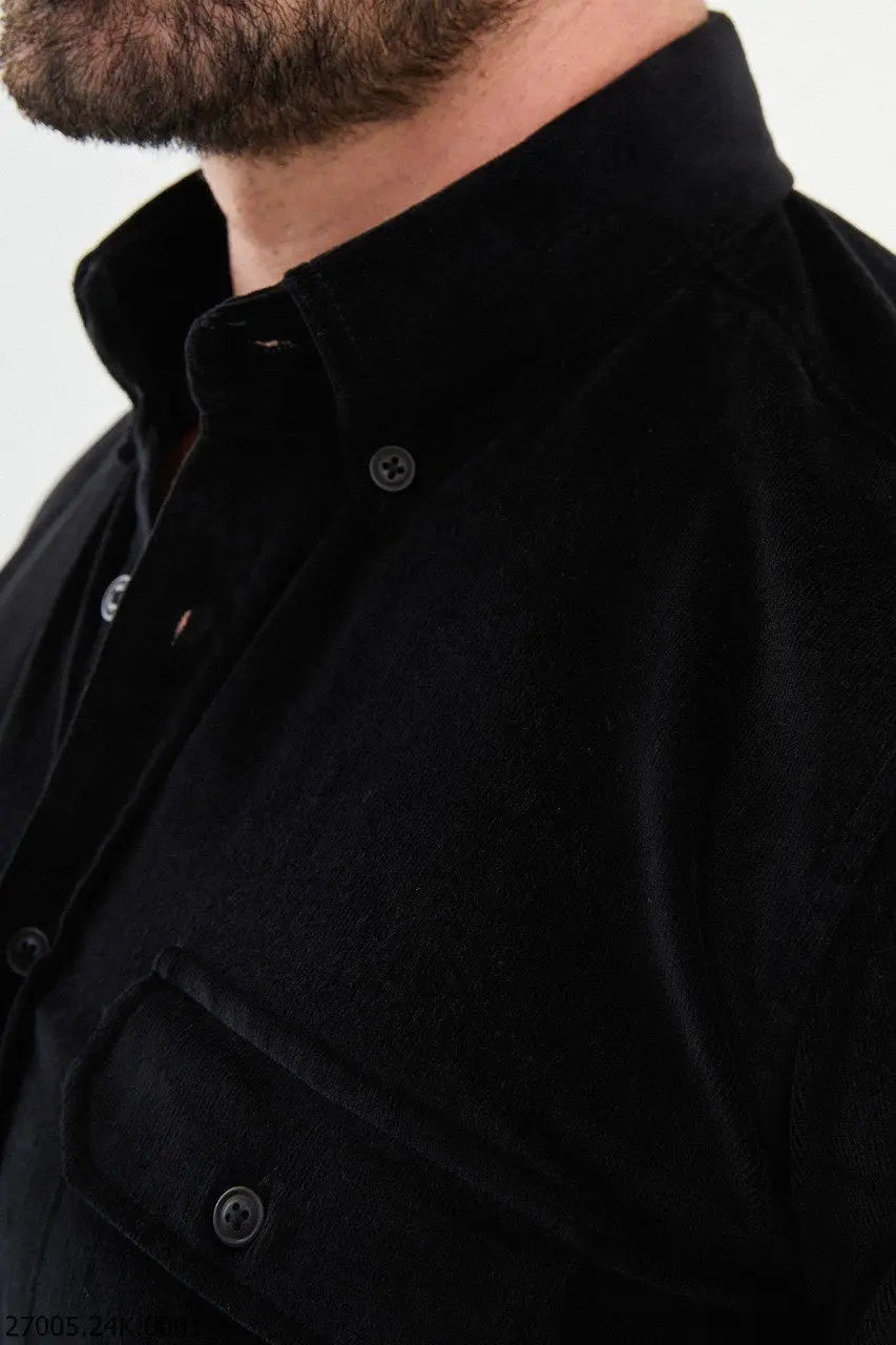 Brabion Nico Black Slim Fit Double Pocket Corduroy Shirt - BRABION