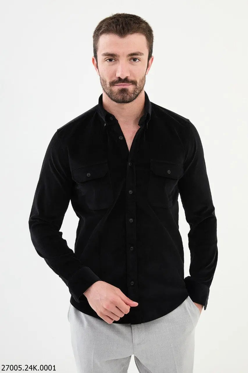 Brabion Nico Black Slim Fit Double Pocket Corduroy Shirt - BRABION