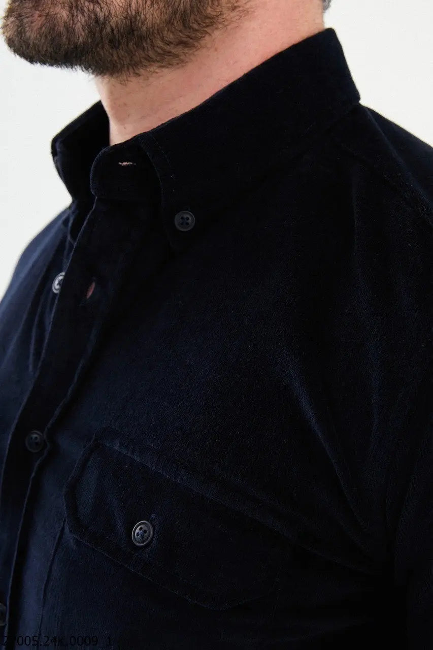 Brabion Nico Navy Blue Slim Fit Double Pocket Corduroy Shirt - BRABION