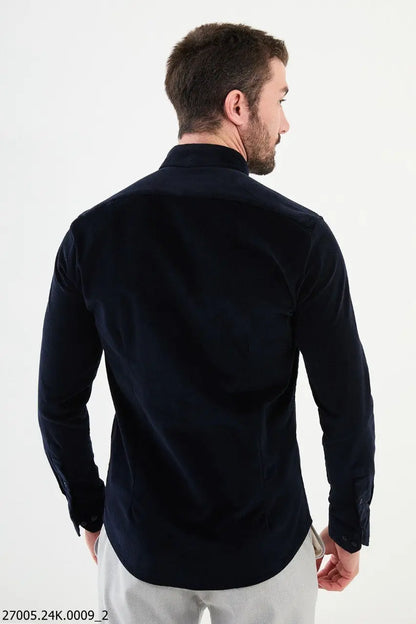 Brabion Nico Navy Blue Slim Fit Double Pocket Corduroy Shirt - BRABION