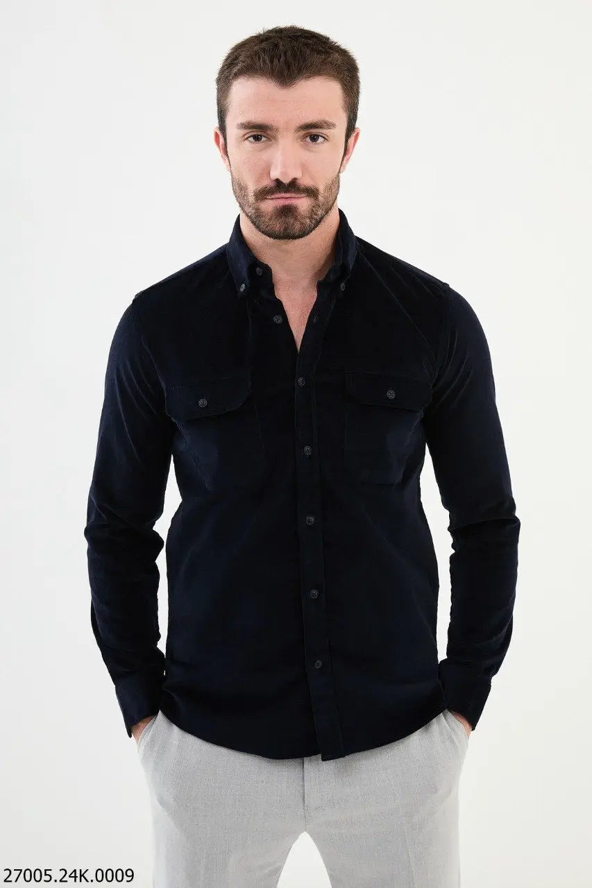 Brabion Nico Navy Blue Slim Fit Double Pocket Corduroy Shirt - BRABION