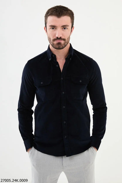Brabion Nico Navy Blue Slim Fit Double Pocket Corduroy Shirt - BRABION