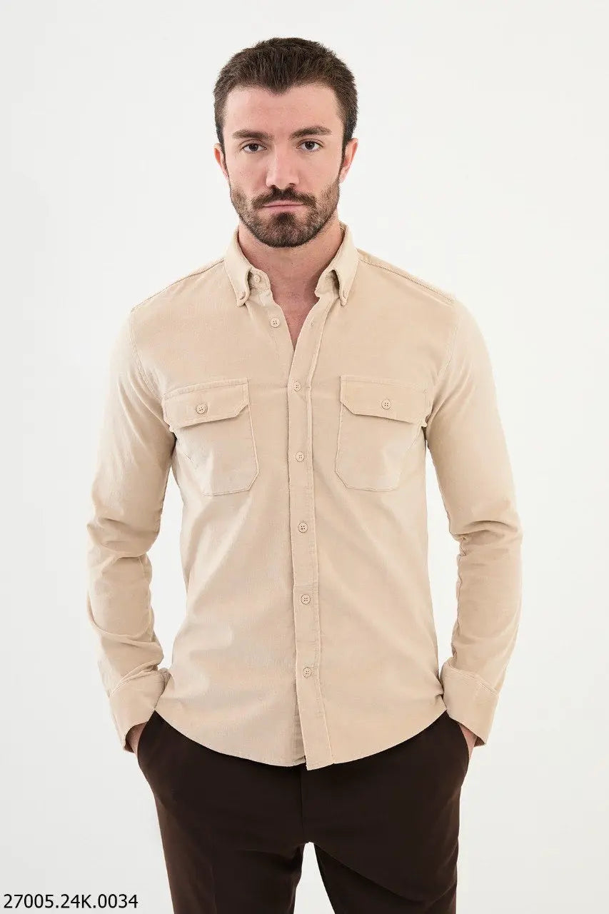 Brabion Nico Beige Slim Fit Double Pocket Corduroy Shirt - BRABION