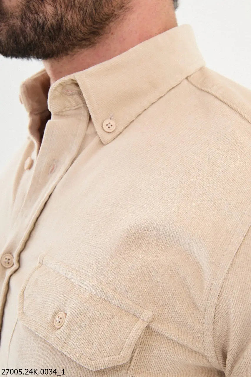 Brabion Nico Beige Slim Fit Double Pocket Corduroy Shirt - BRABION