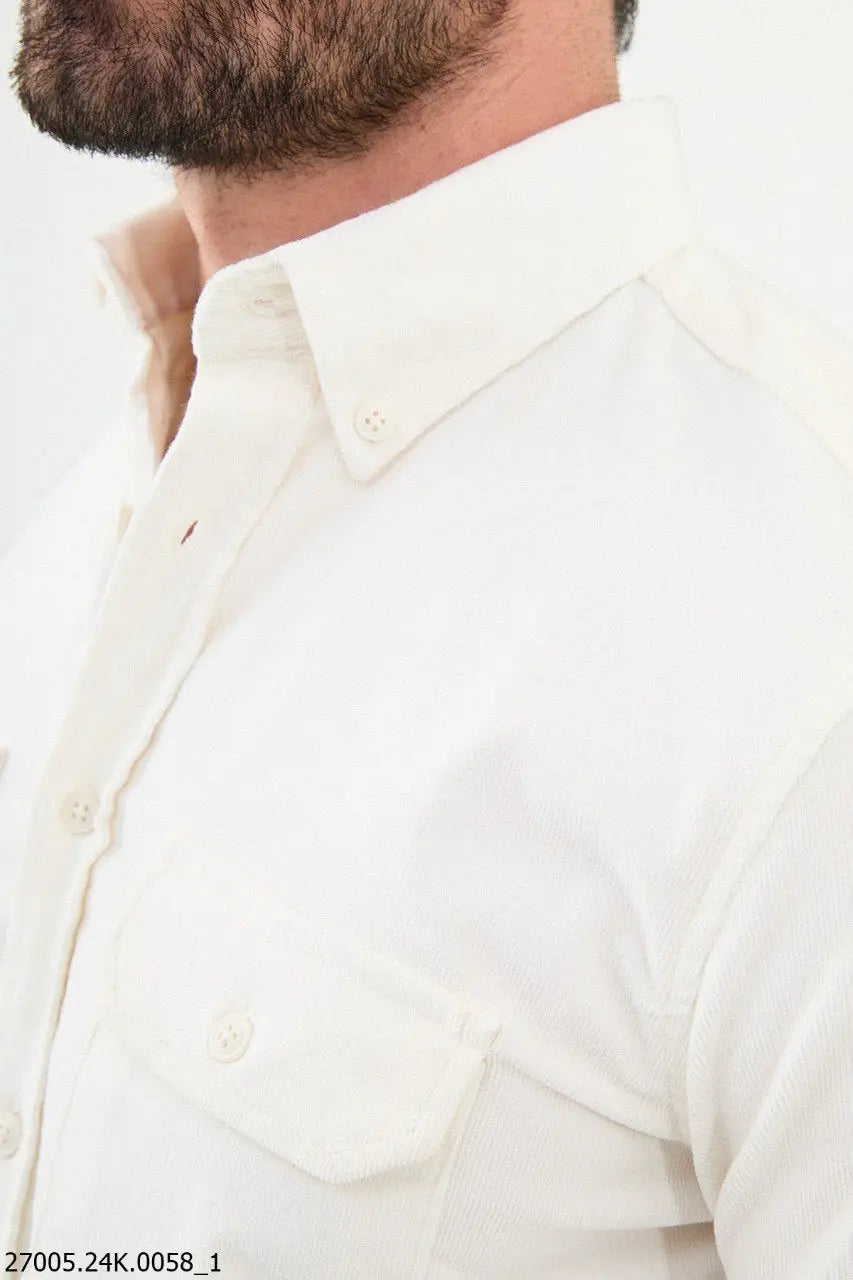 Brabion Nico White Slim Fit Double Pocket Corduroy Shirt - BRABION