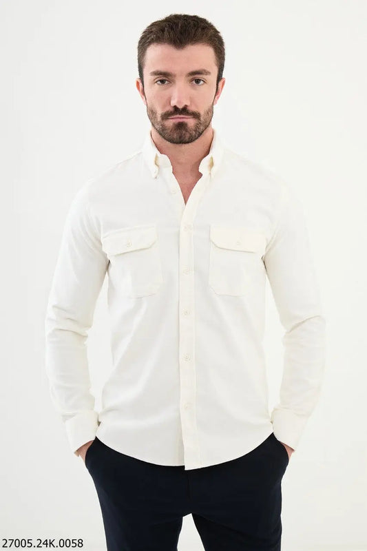 Brabion Nico White Slim Fit Double Pocket Corduroy Shirt - BRABION