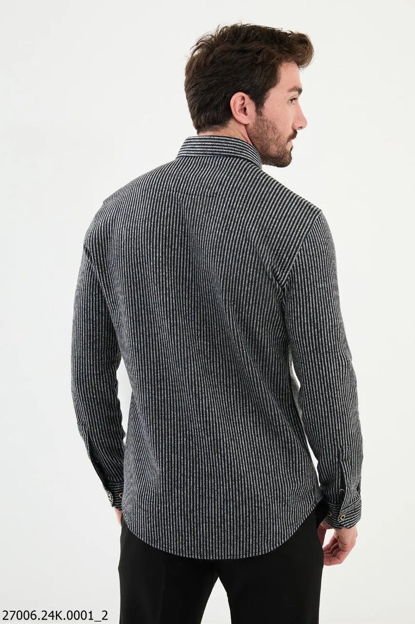 Brabion Nico Black Slim Fit Striped Wool Shirt - BRABION