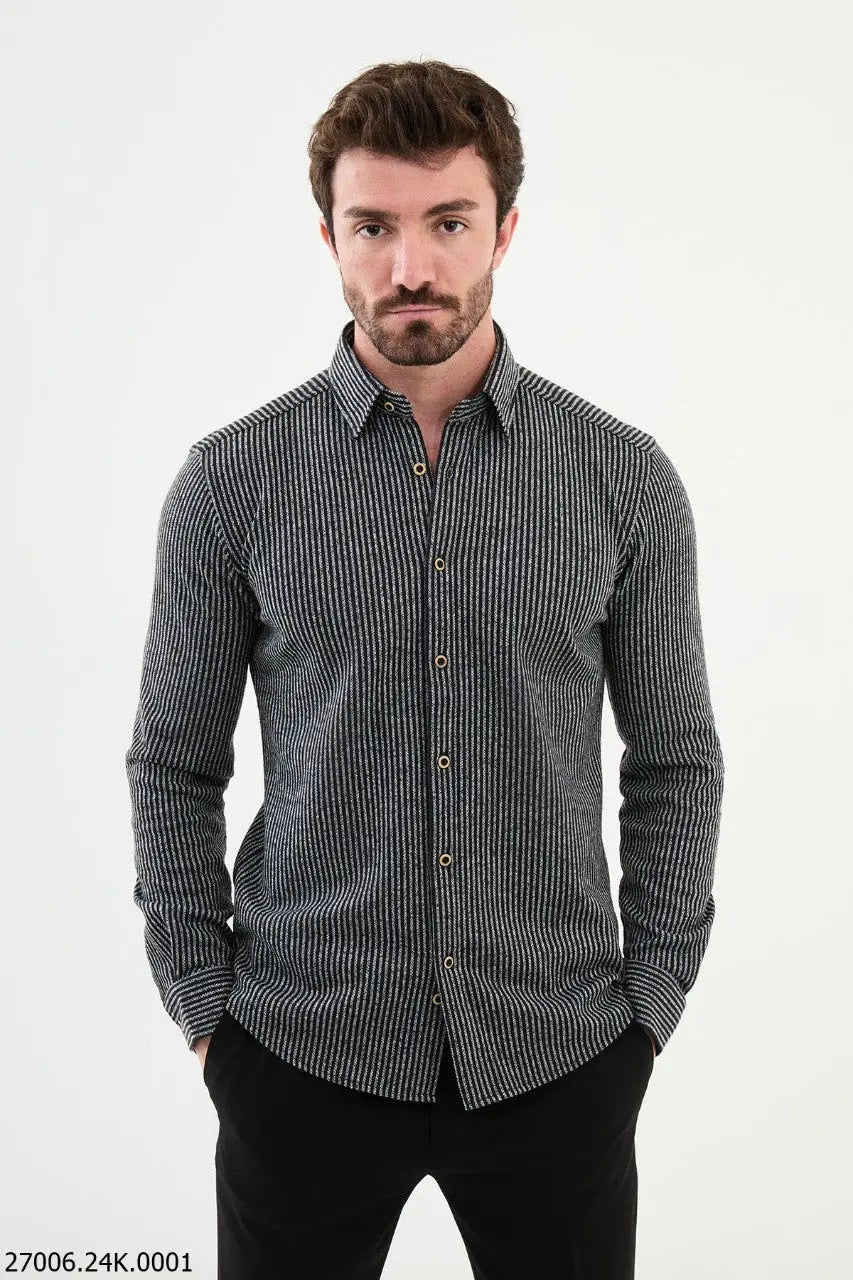 Brabion Nico Black Slim Fit Striped Wool Shirt - BRABION