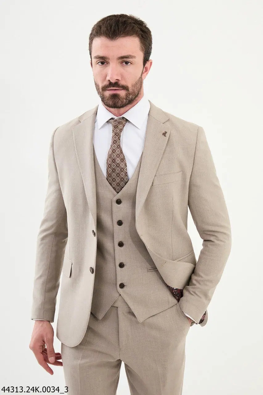 Brabion Diego Beige Notch Lapel 3 Piece Wool Suit brabion