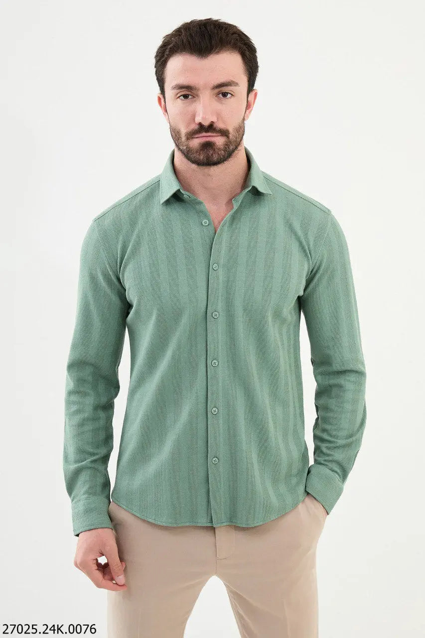 Brabion James Light Green Slim Fit Striped Cotton Shirt - BRABION