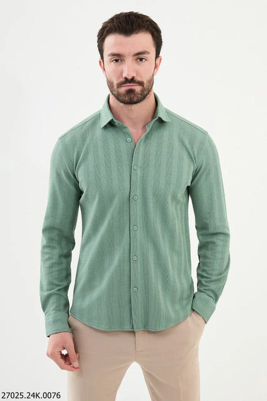 Brabion James Light Green Slim Fit Striped Cotton Shirt - BRABION