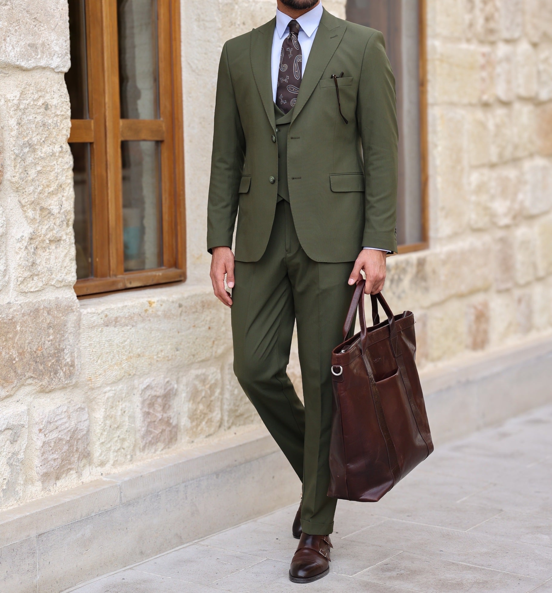 Khaki Modern-Fit Suit 3-Piece VIOSSI