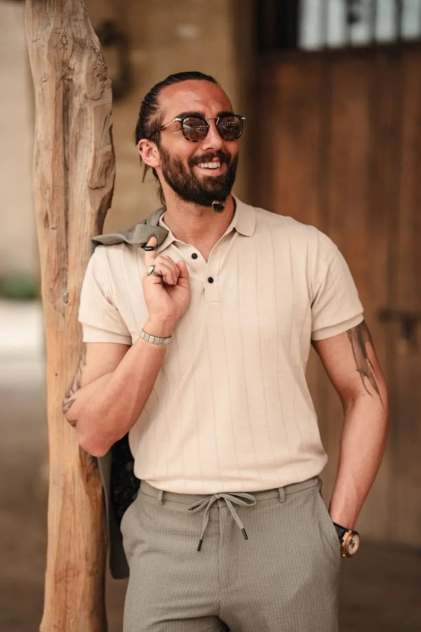Desert Dune Beige Knitted Polo Shirt - BRABION
