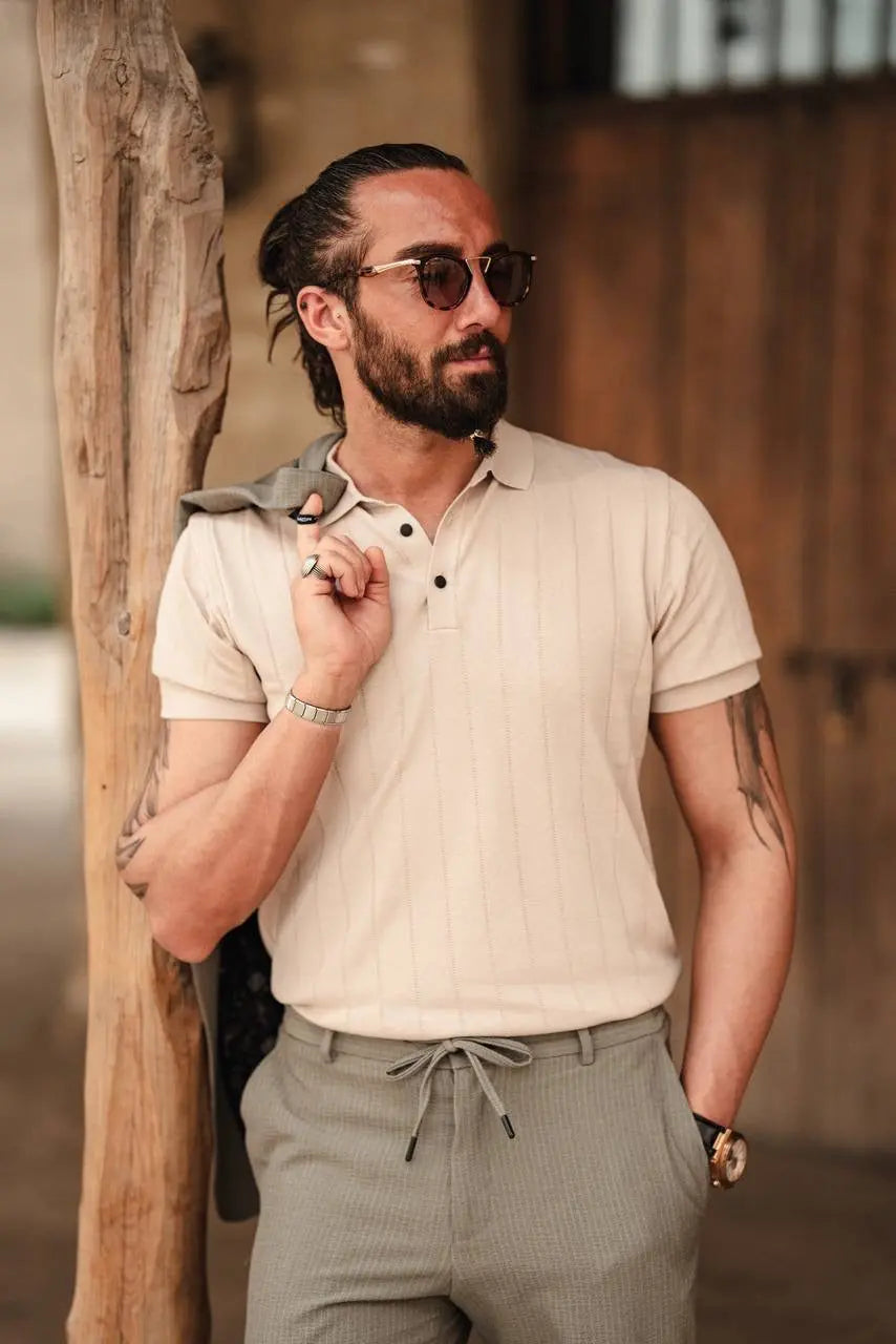 Desert Dune Beige Knitted Polo Shirt - BRABION