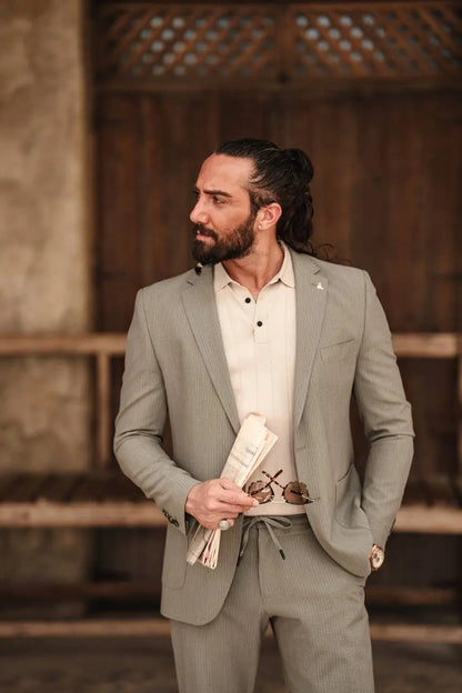 Khaki Mono-Collar Summer Suit – Lightweight Two-Piece - BRABION