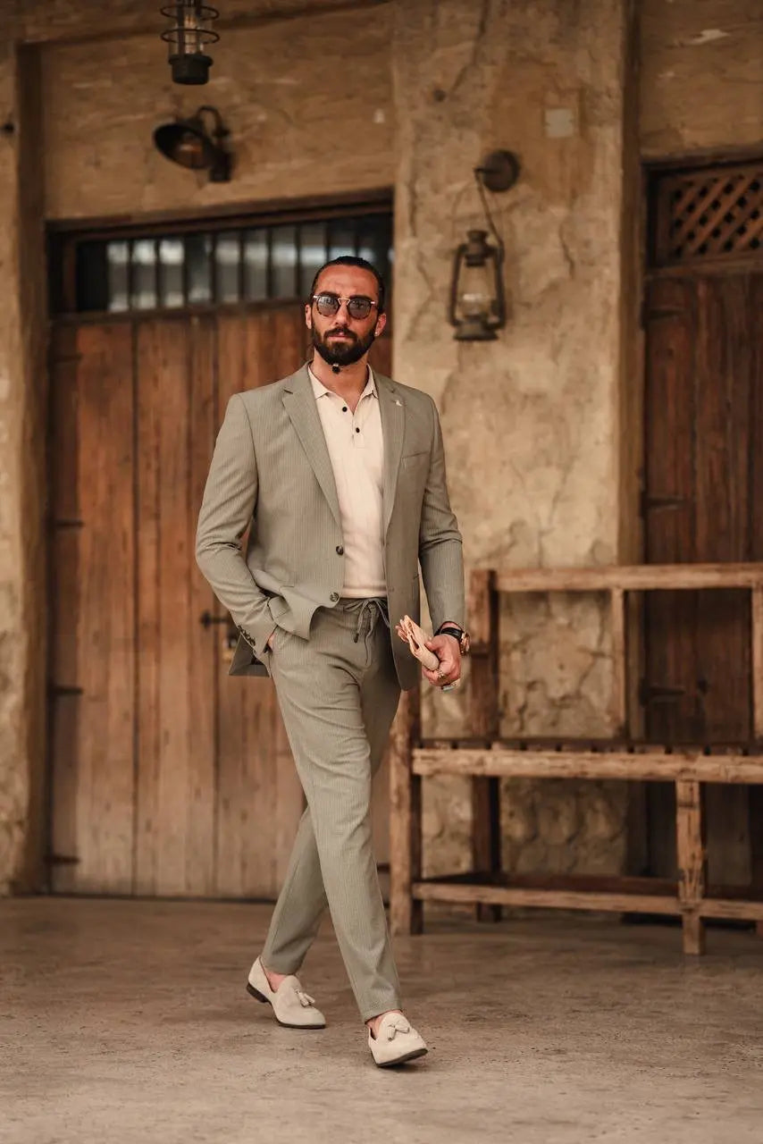 Khaki Mono-Collar Summer Suit – Lightweight Two-Piece - BRABION