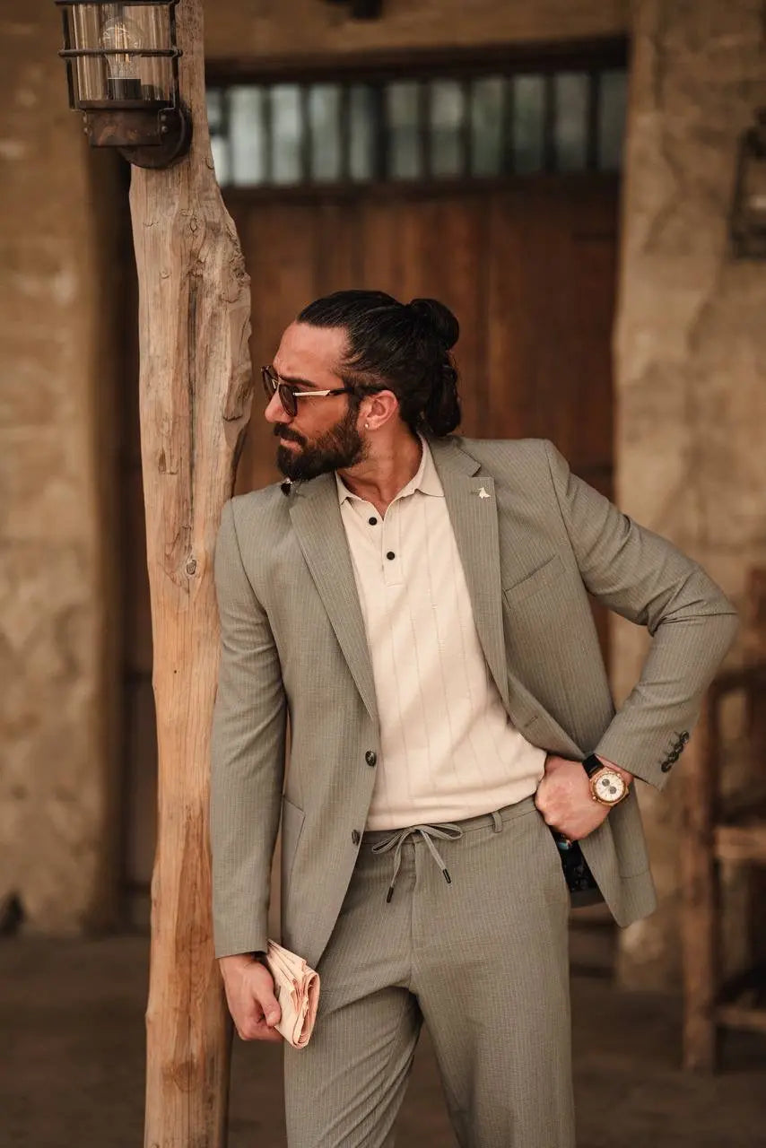 Khaki Mono-Collar Summer Suit – Lightweight Two-Piece - BRABION